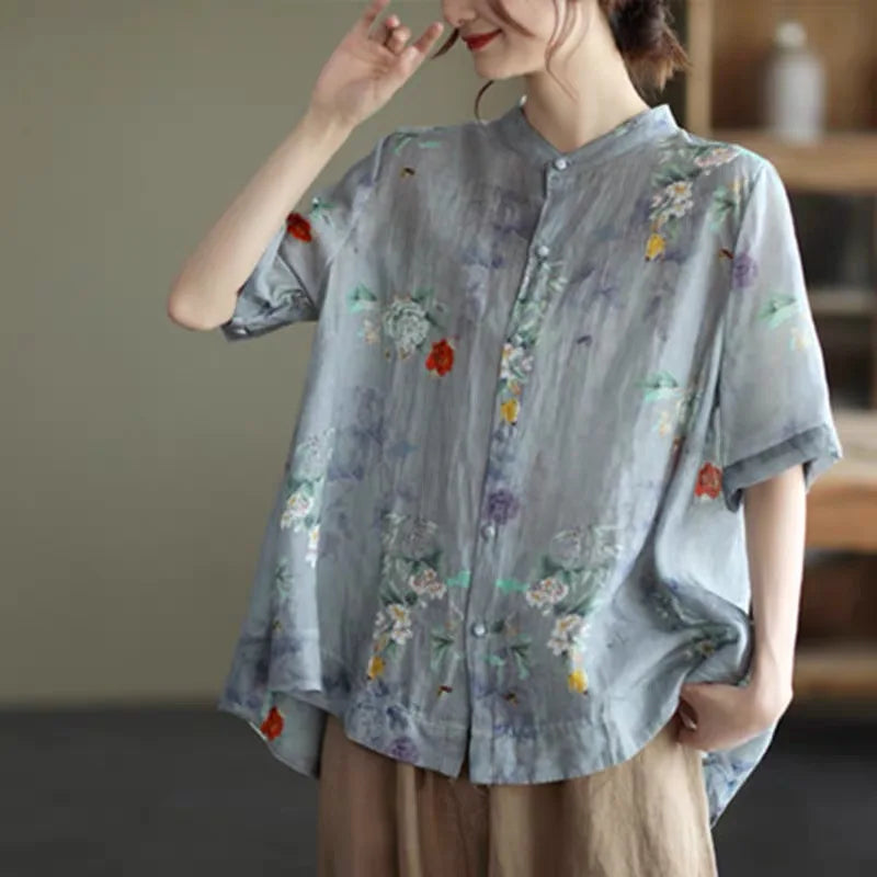Relaxed Fit Floral Print Cotton Linen Short Sleeve Shirt for Women