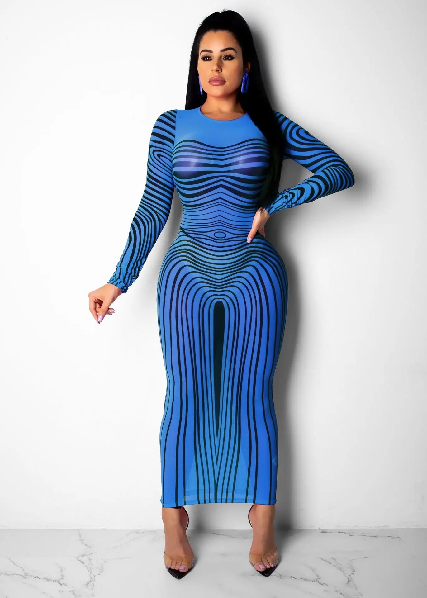 Long Sleeve Mesh Maxi Dress with Stripe Print for Women