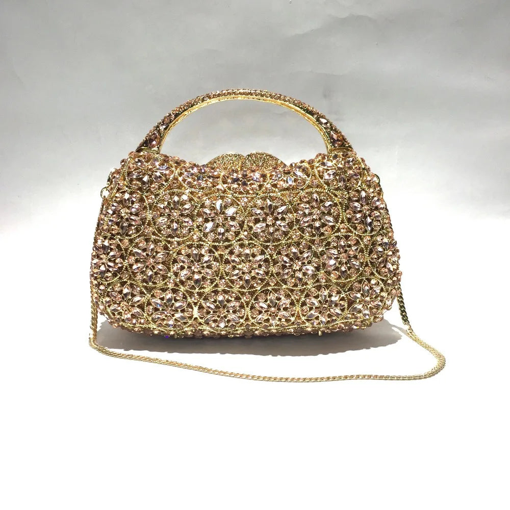 Women Champagne/Blue Color Stone Evening Bags Purses and Handbags Wedding Party Dinner Crystal Flower Clutch Bags Minaudiere Bag