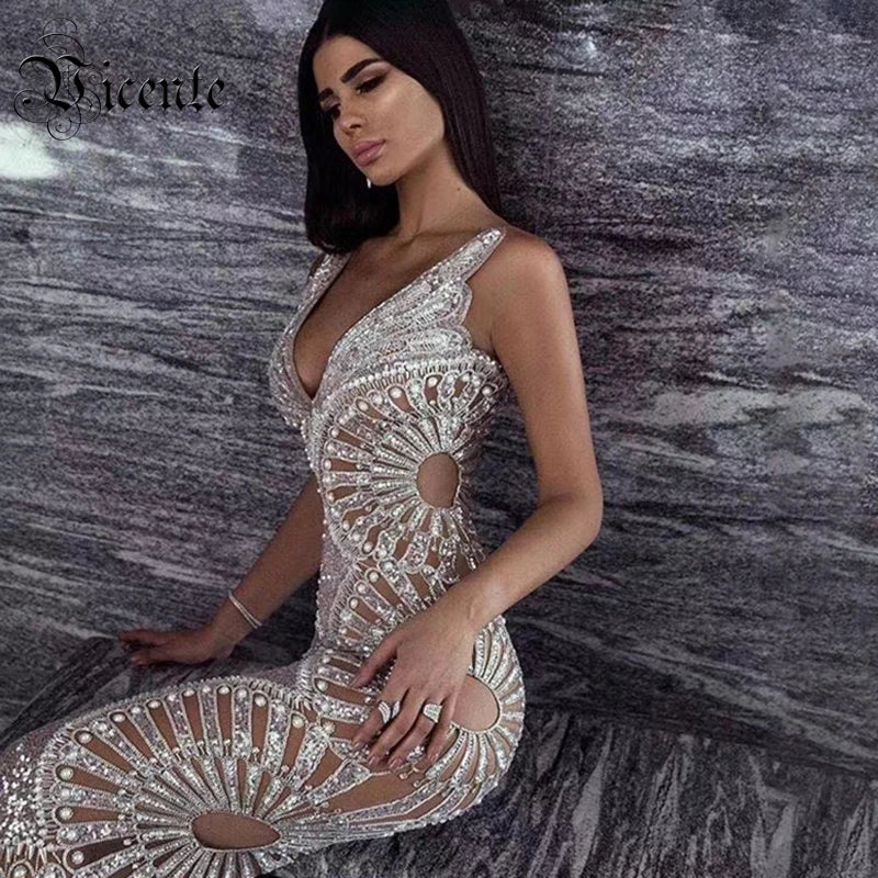 Sequined Ruffle Maxi Slip Dress with V Neck for Women