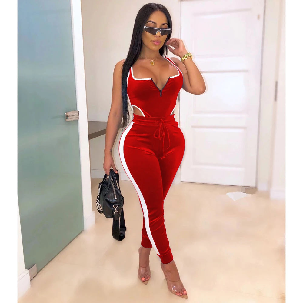 Velvet V-Neck Two Piece Top and Pants Set for Women