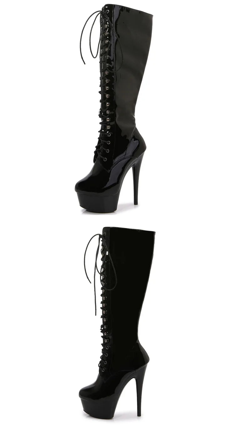 Gladiator Style Knee Length Leather Boots With Lace Up For Women