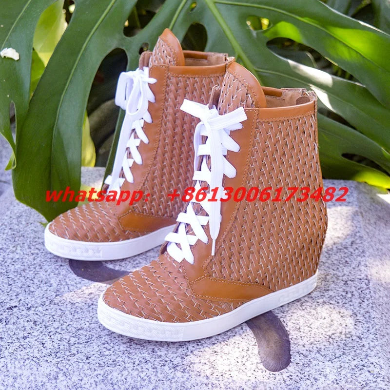 Breathable Brown Woven Lace Up Ankle Boots For Women