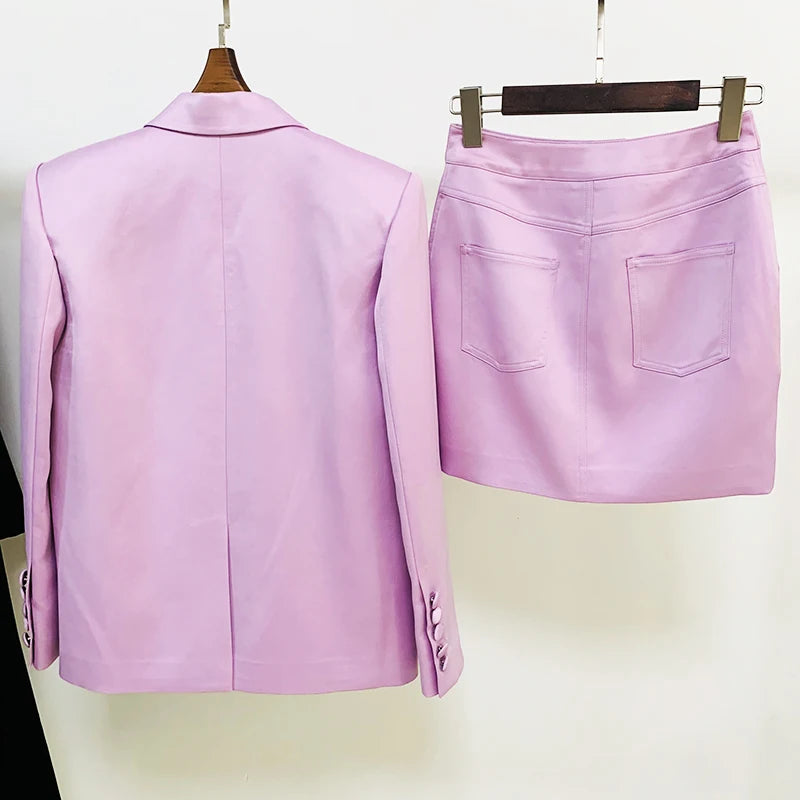 HIGH STREET Newest Fashion 2026 Designer Runway Suit Set Women's Double Breasted Straght Satin Blazer Mini Skirt Set