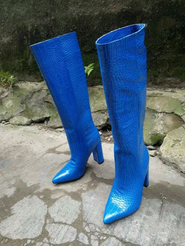 Pointed Toe Slip On Leather Knee High Boots for Women