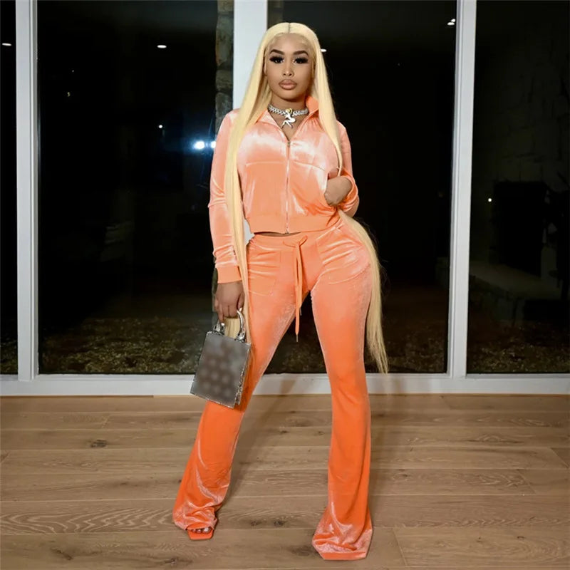 Zippered Turtleneck Velour Two Piece Wide Leg Set for Women