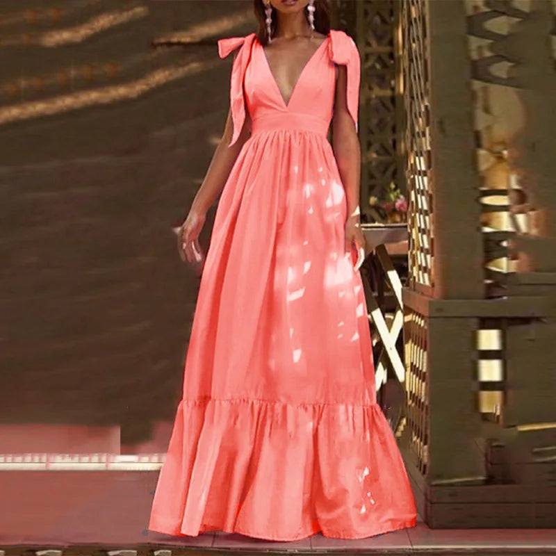 Elegant Backless V-Neck Ruffle Maxi Party Dress for Women
