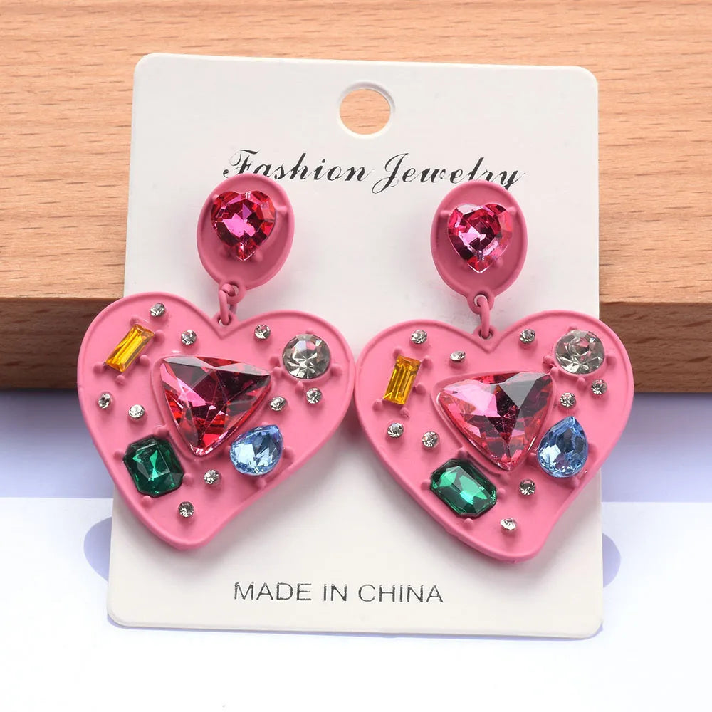 Pink Enamel Heart Shaped Crystal Drop Earrings for Women