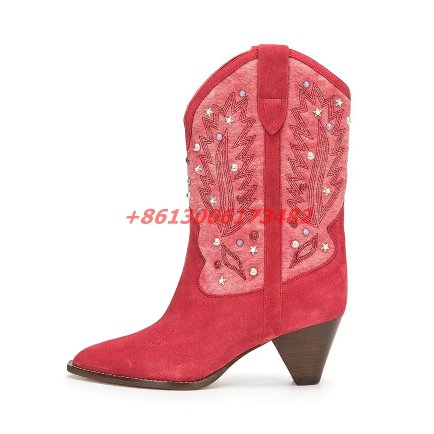 Handcrafted Crystal Beaded Punk Style Ankle Boots For Women