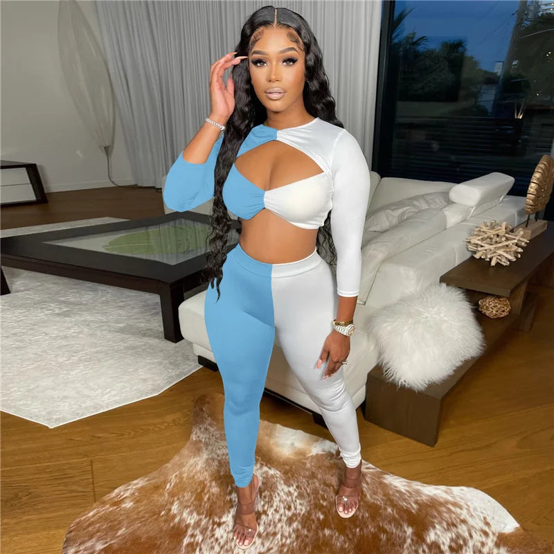 Color Block Patchwork Two Piece Set Women Cut Out Crop Top and Pants Leggings Club Outfits for Women Matching Sets Tracksuit