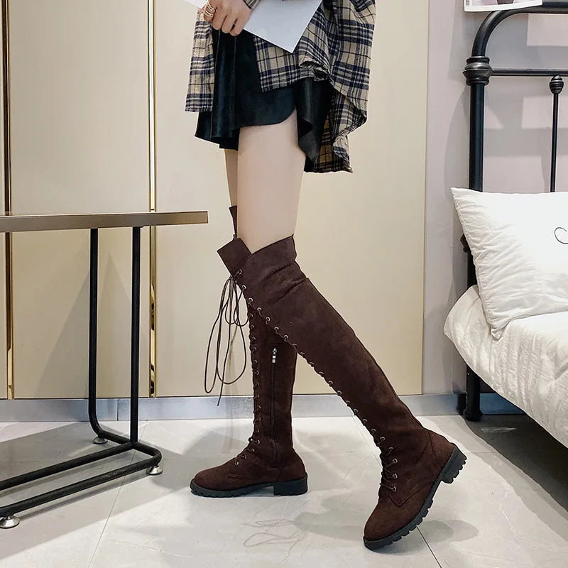 Lace Up Low Heel Winter Over The Knee Boots for Women