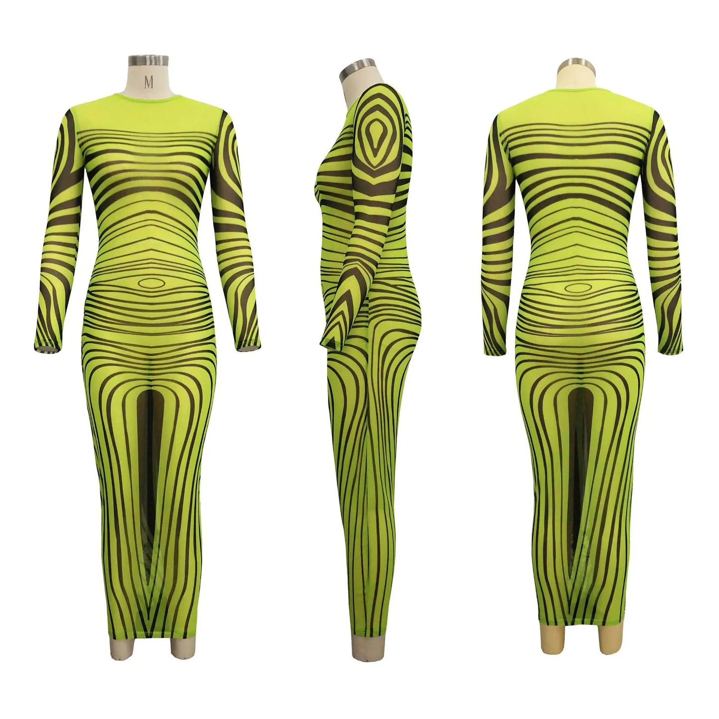 Long Sleeve Mesh Maxi Dress with Stripe Print for Women
