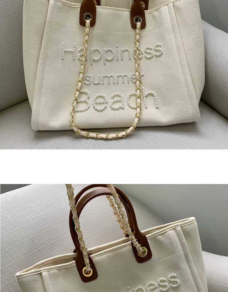 New Women Tote Bag Fashion Canvas Large Handbag Chains Genuine Leather Shoulder Bags Ladies Big Messenger Bag Shopping Bag