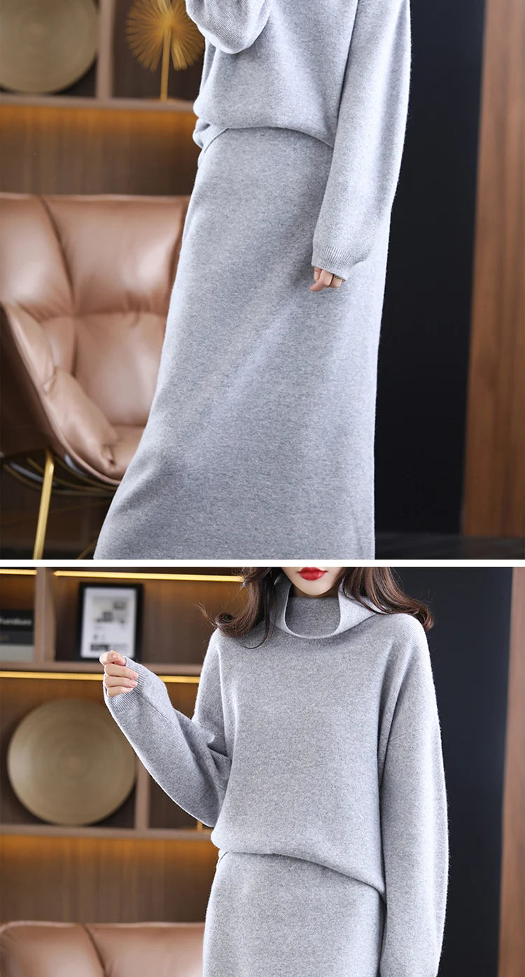 Wool Cashmere Knit Sweater and Skirt Two Piece Set for Women