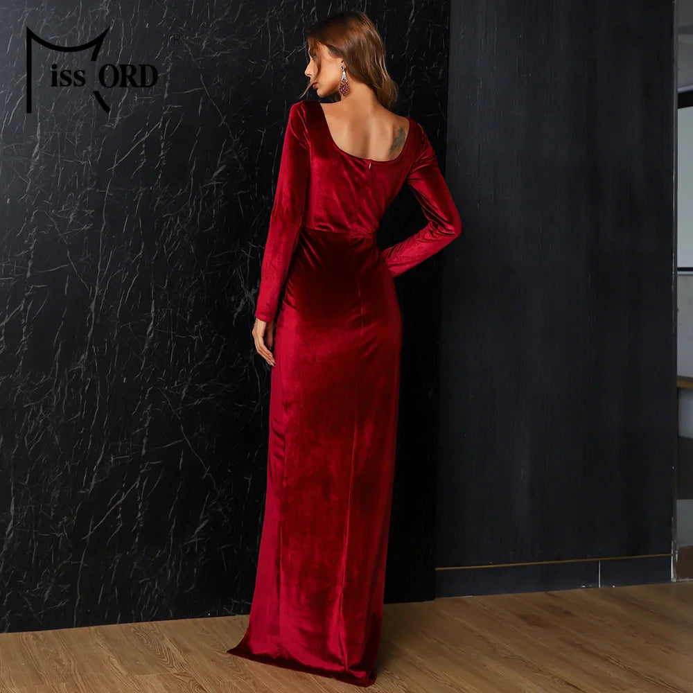Missord Wine Velvet Party Dress Women Long Sleeve U Neck Thigh Split Prom Evening Dresses Elegant Winter Christmas Gown
