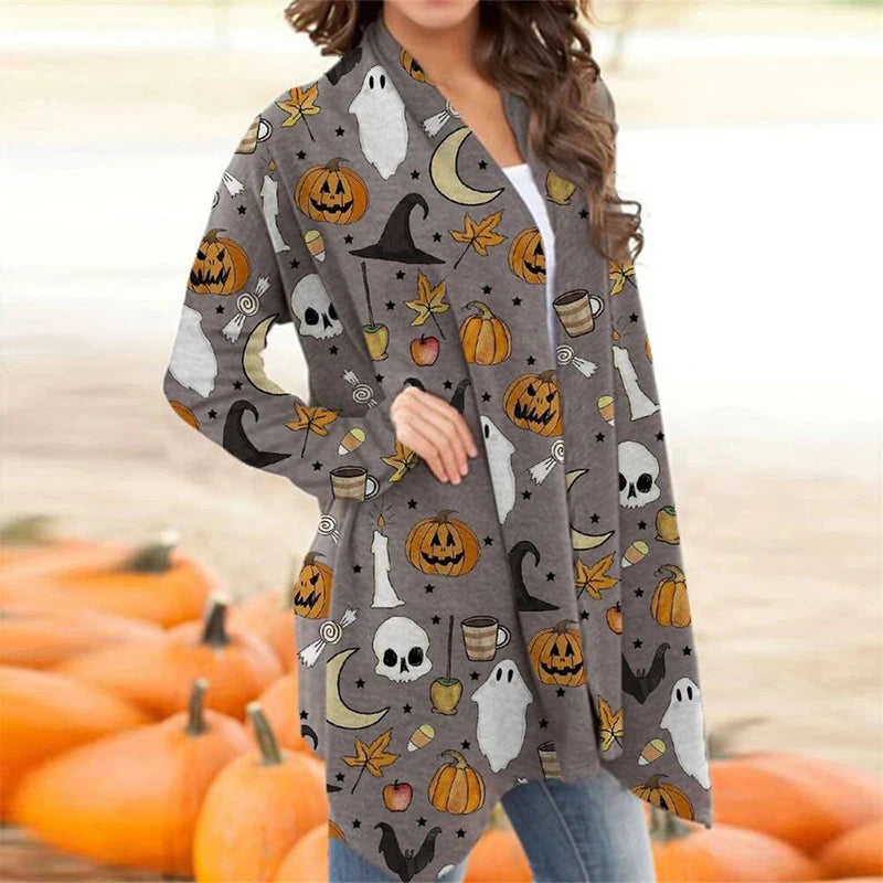 Skull Pumpkin Print Open Front Long Cardigan for Women