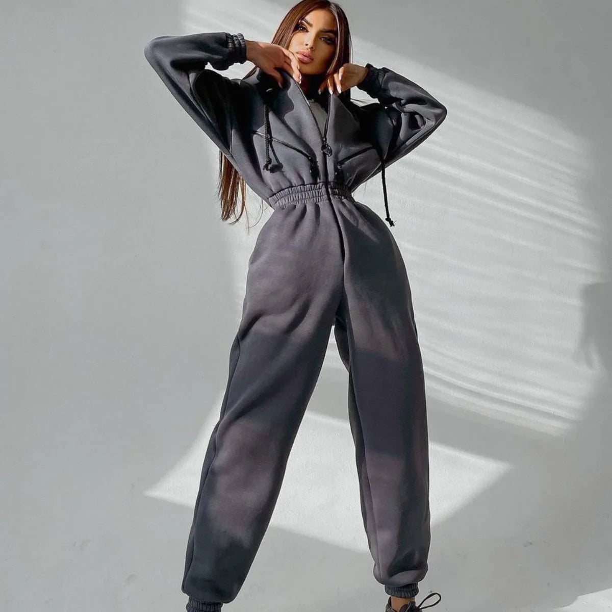 Casual Long Sleeve Hooded Jumpsuit With Pockets for Women