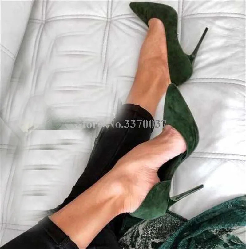 Elegant Dark Green Suede Pointed Toe Stiletto Pumps for Women