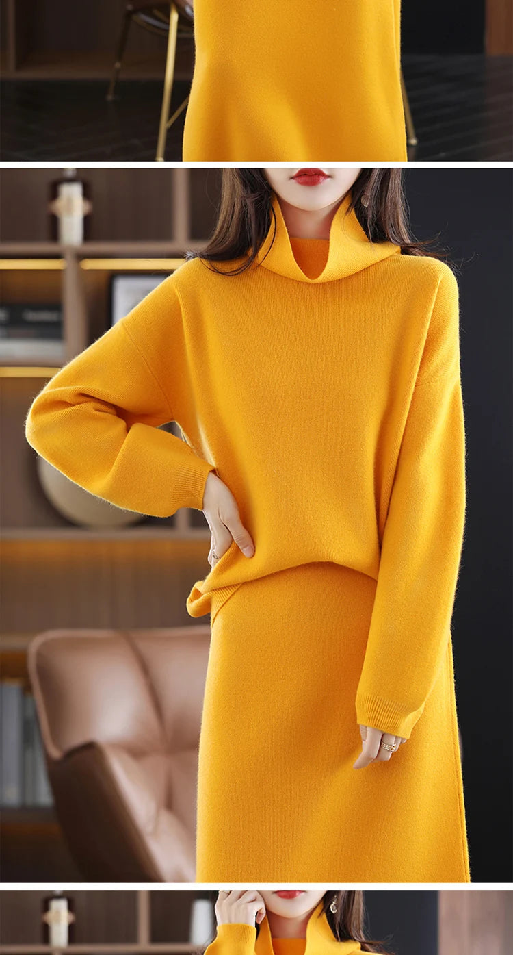 Wool Cashmere Knit Sweater and Skirt Two Piece Set for Women