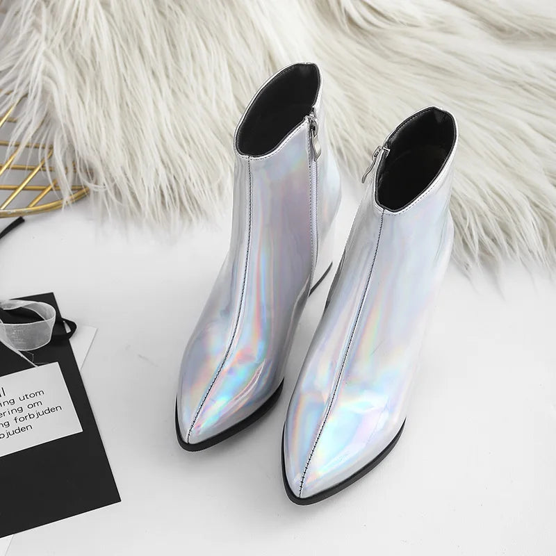 Metallic Silver Pointed Ankle Boots
