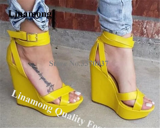 Yellow Buckle Platform Wedge Sandals