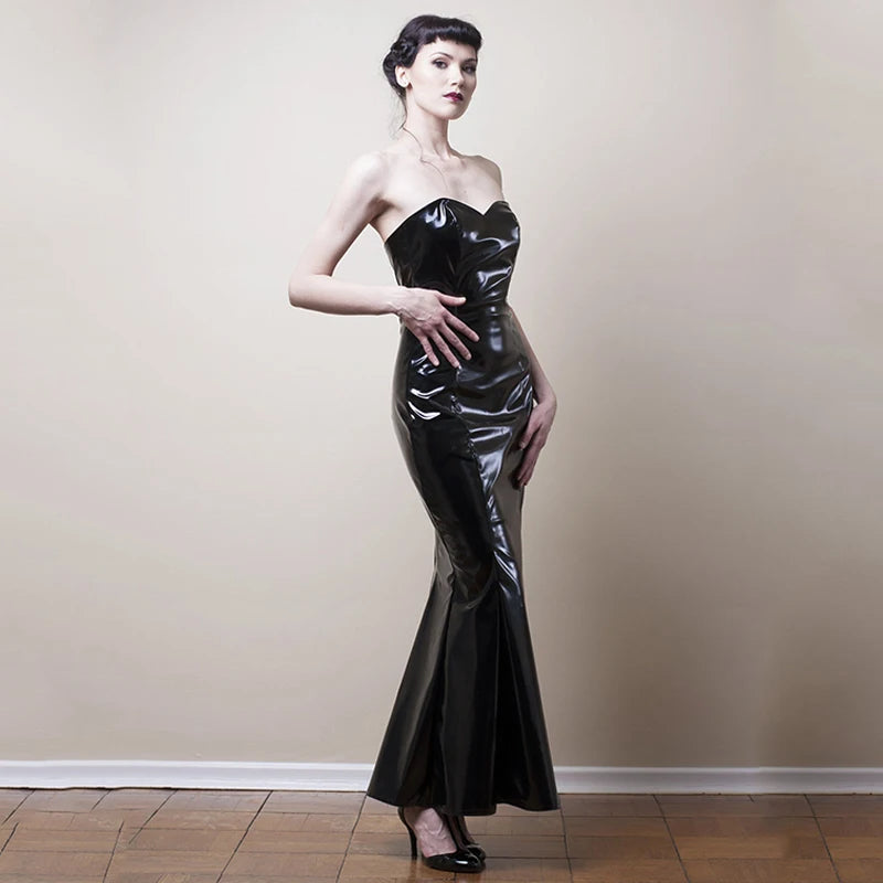 Strapless Black Mermaid Faux Leather Evening Gown for Women