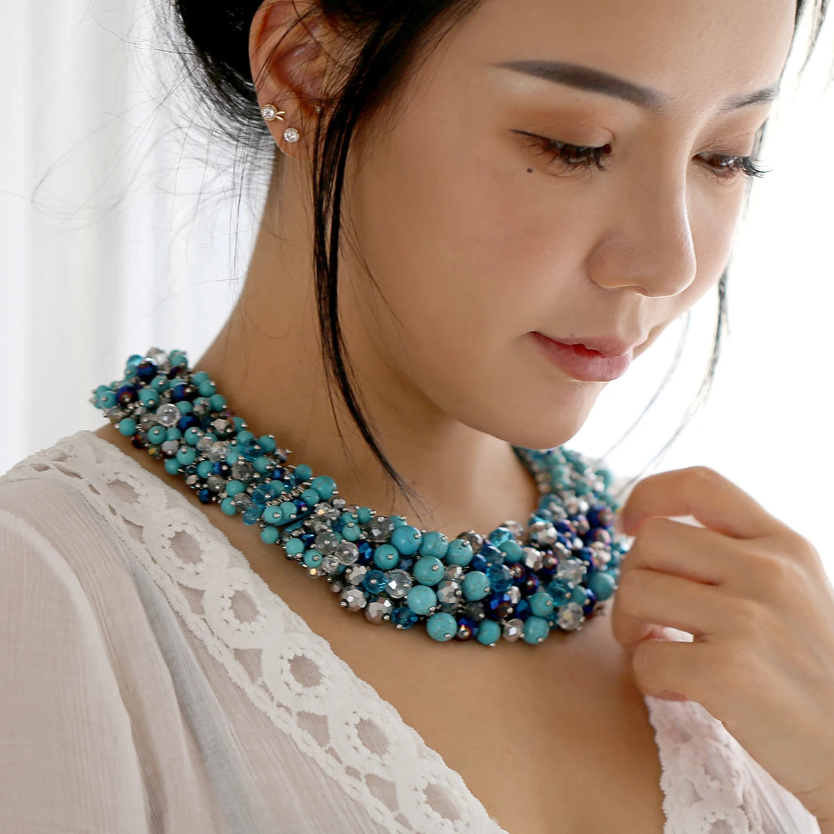 Double Layer Turquoise Bead Statement Necklace for Women