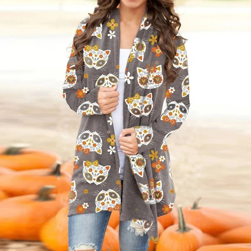 Skull Pumpkin Print Open Front Long Cardigan for Women
