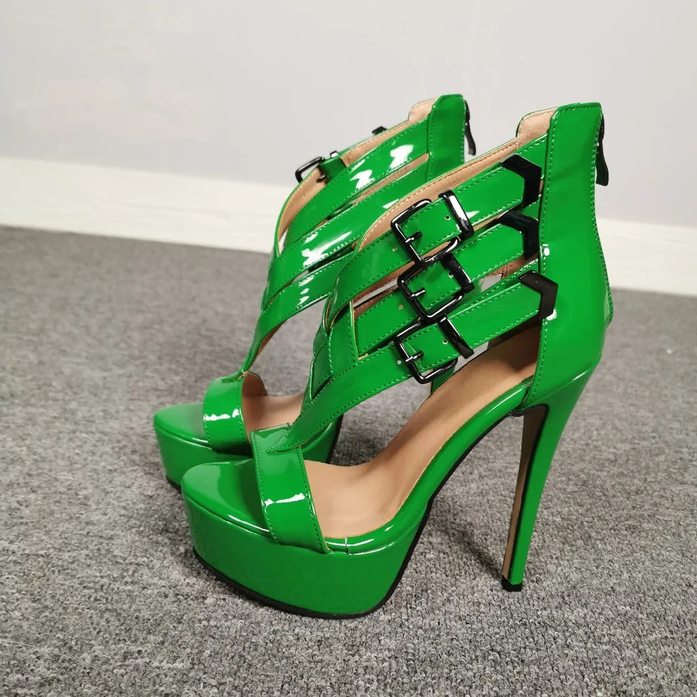 Green Patent Leather High Heel Strappy Sandals With Buckle for Women