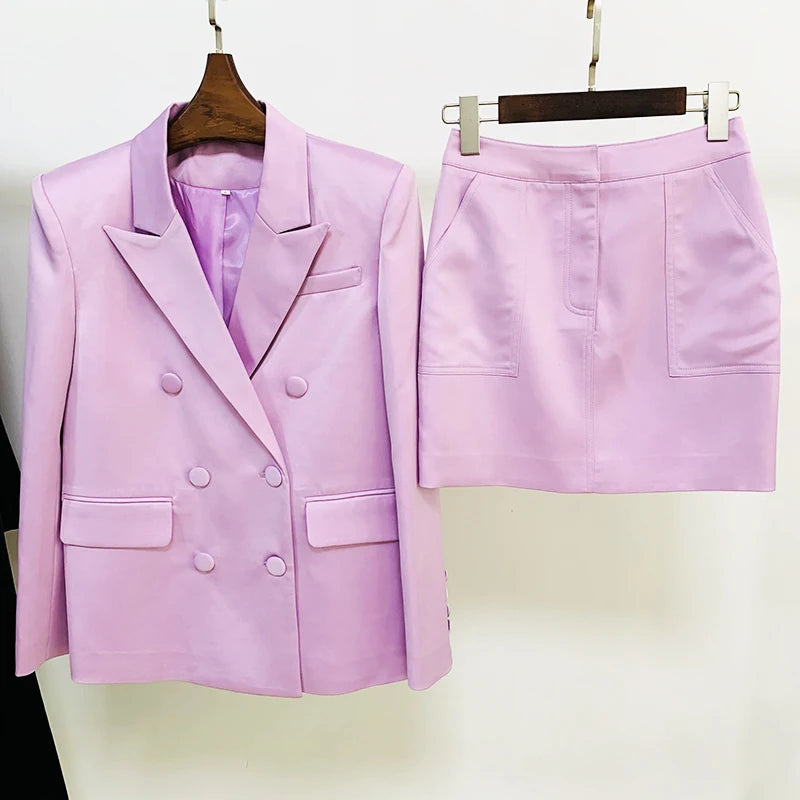 HIGH STREET Newest Fashion 2026 Designer Runway Suit Set Women's Double Breasted Straght Satin Blazer Mini Skirt Set