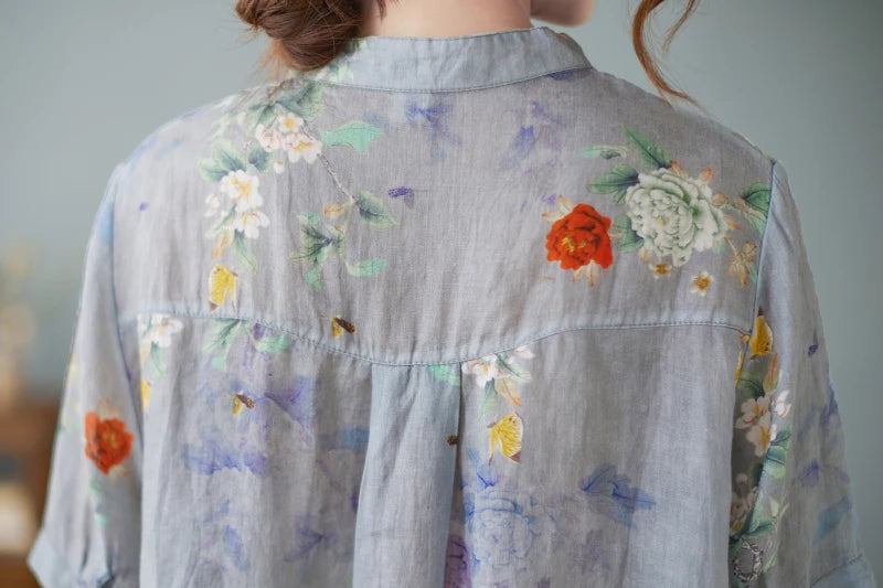 Relaxed Fit Floral Print Cotton Linen Short Sleeve Shirt for Women