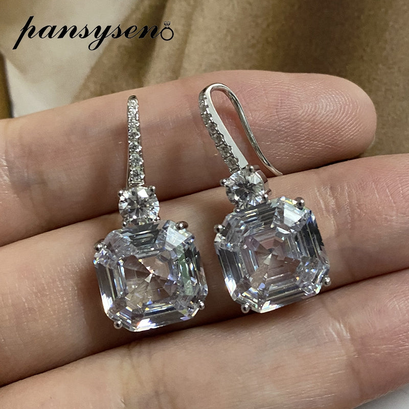 PANSYSEN 925 Sterling Silver Asscher Cut Simulated Moissanite Citrine Gemstone Drop Earrings for Women Wedding Fine Jewelry Gift