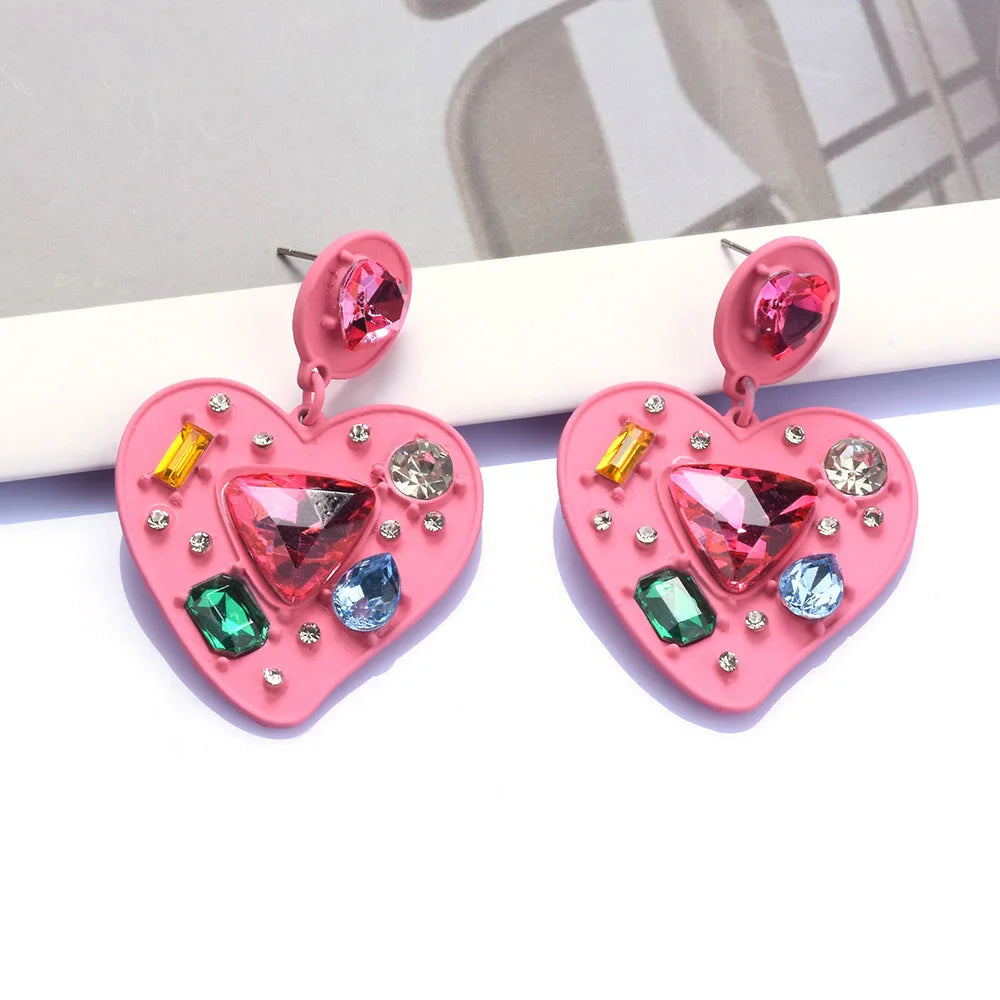 Pink Enamel Heart Shaped Crystal Drop Earrings for Women