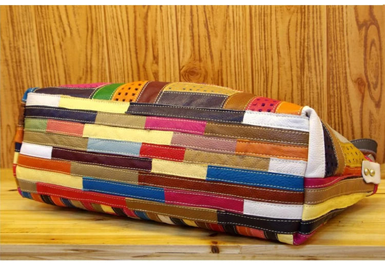 Patchwork Genuine Leather Shoulder Tote Bag for Women