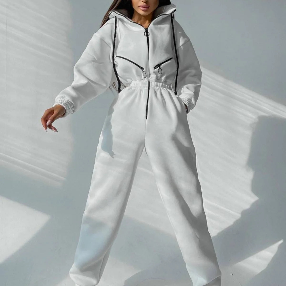 Casual Long Sleeve Hooded Jumpsuit With Pockets for Women