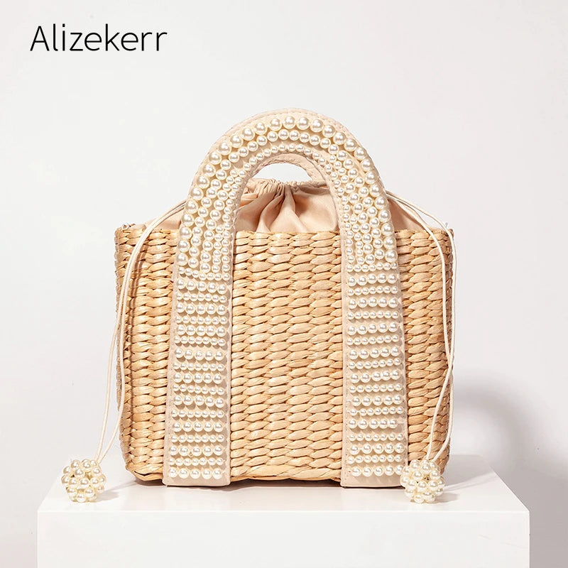Delicate Handwoven Beaded Straw Tote Bag for Women