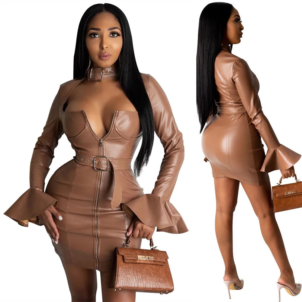 Sexy PU Faux Leather Dress with Belt Women Elegant Long Flare Sleeve Zipper Bodycon Night Short Party Mini Club Dresses Vestidos