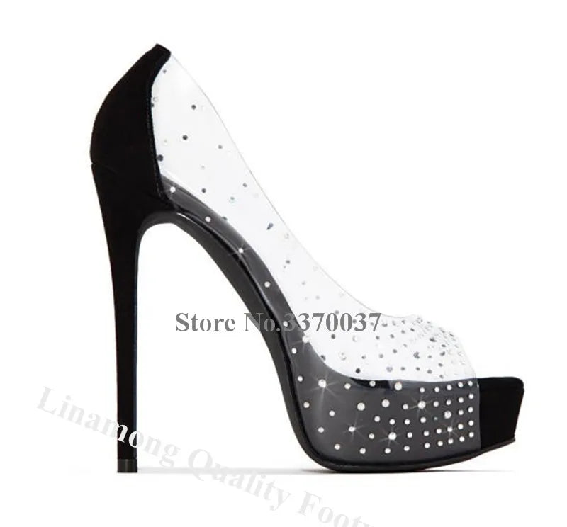 Elegant Peep Toe Platform Stiletto Pumps With Rhinestones For Women