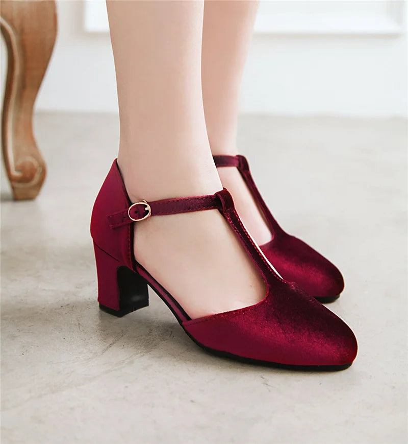 Velvet T Strap Square Heel Mary Janes