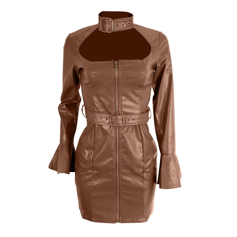 Sexy PU Faux Leather Dress with Belt Women Elegant Long Flare Sleeve Zipper Bodycon Night Short Party Mini Club Dresses Vestidos