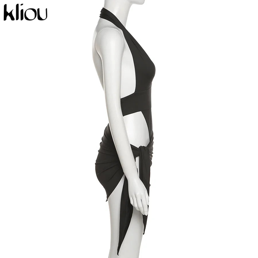 Deep V Neck Backless Halter Two Piece Skirt Set for Women