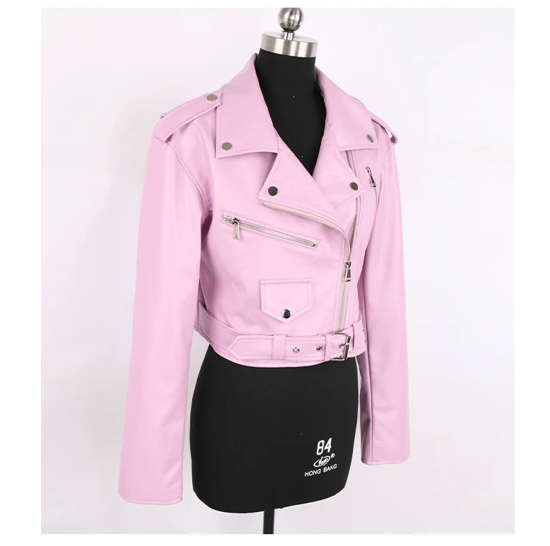 Faux Leather Short Biker Jacket with Zipper and Epaulets for Women