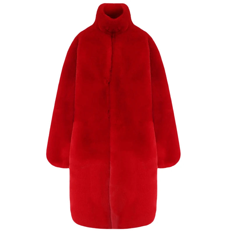 Soft Warm Fluffy Oversized Red Raglan Long Faux Fur Coat for Women