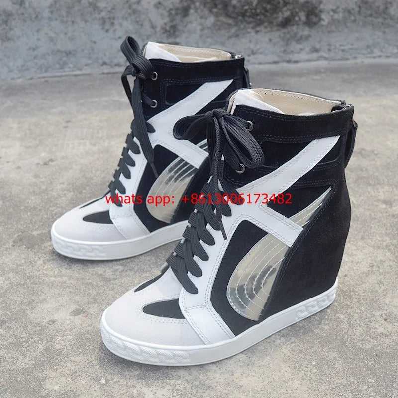 White And Black Inner Wedge Lace Up High Top Sneakers For Women
