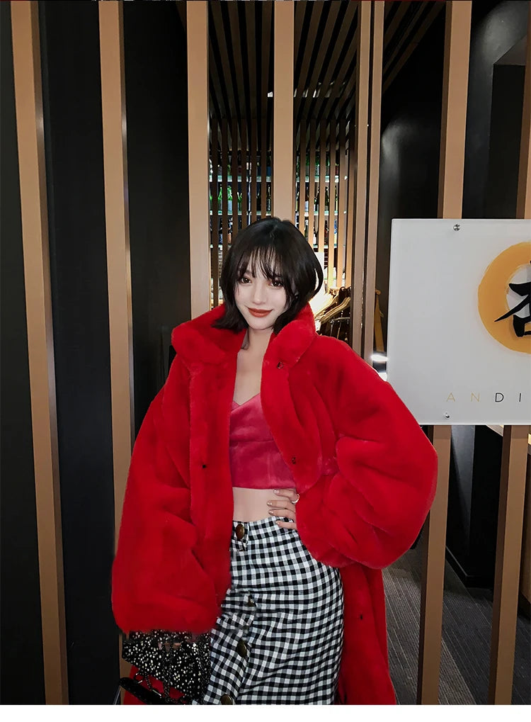 Soft Warm Fluffy Oversized Red Raglan Long Faux Fur Coat for Women