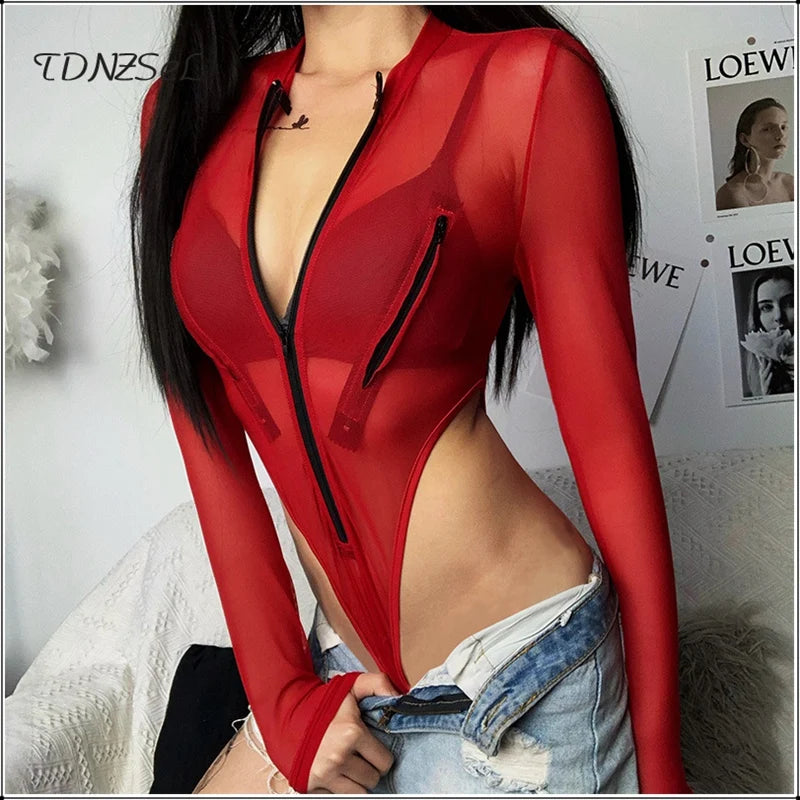 Long Sleeve Sheer Mesh Bodysuit With Pockets For Women