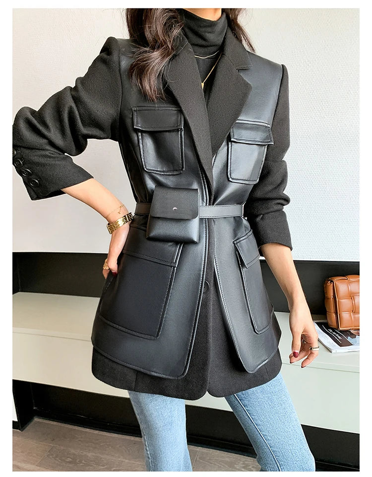 Black Patchwork Faux Leather Jacket With Pockets For Women