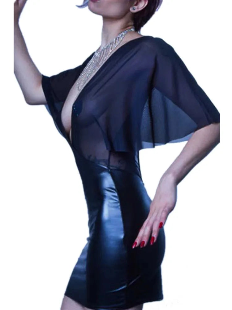 Plus Size Backless Lace PVC Leather Mini Dress for Women