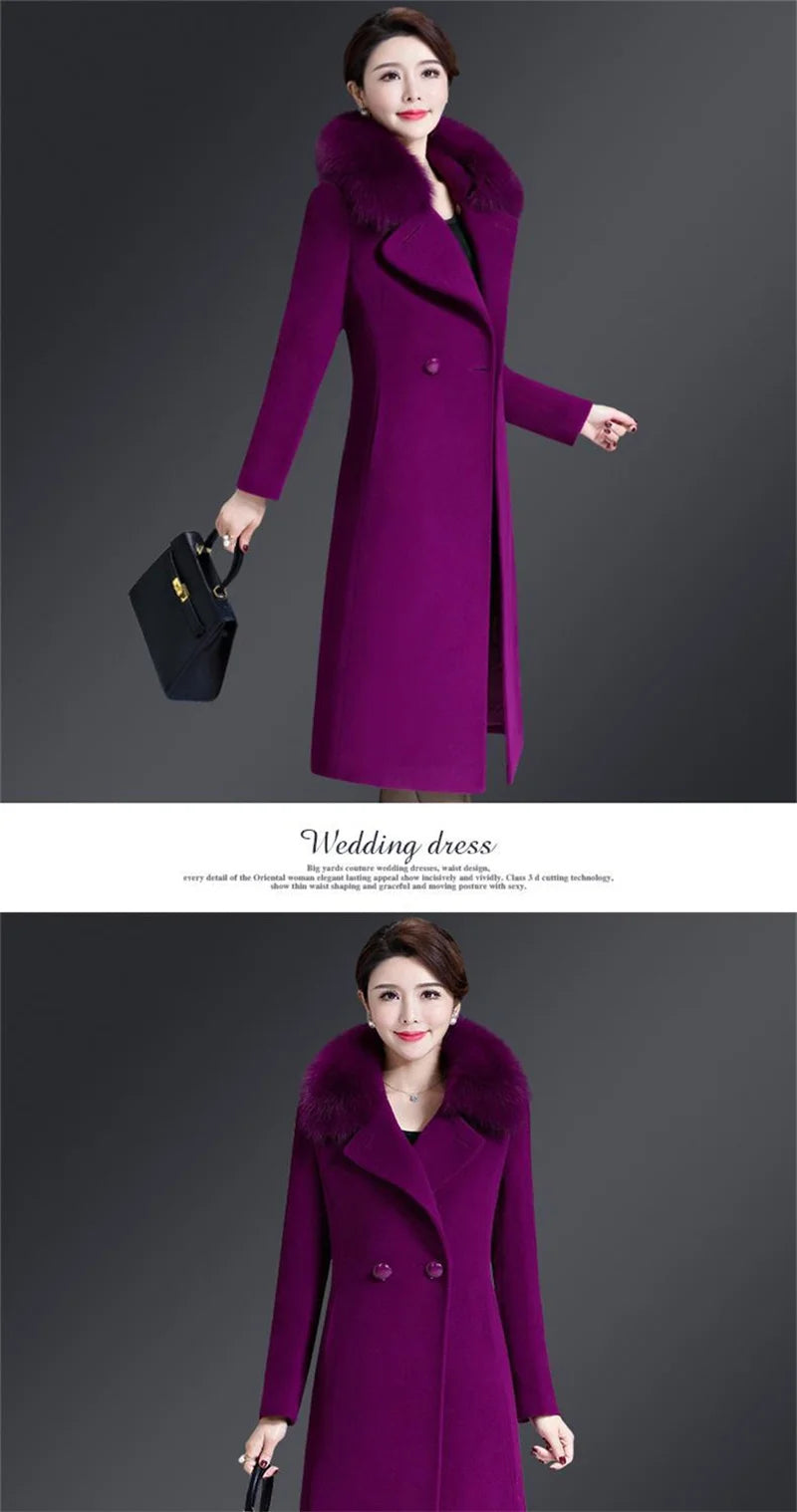 High Quality Big Fur Collar Woolen Coat Women Belt Knee-Length Double Breasted Mid-Long Woolen Jacket For Autumn Winter Outcoat