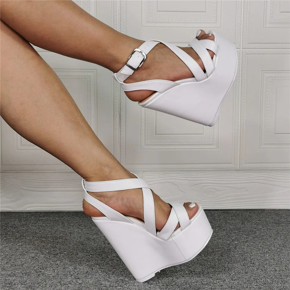 Comfortable Cushioned White Wedge Sandals With Cross Straps For Women